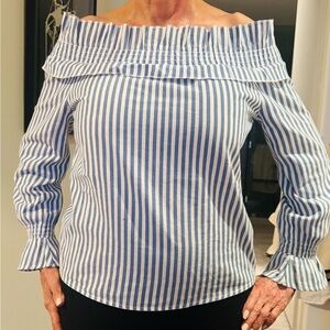 Boohoo Blue and White Striped Off-Shoulder Top